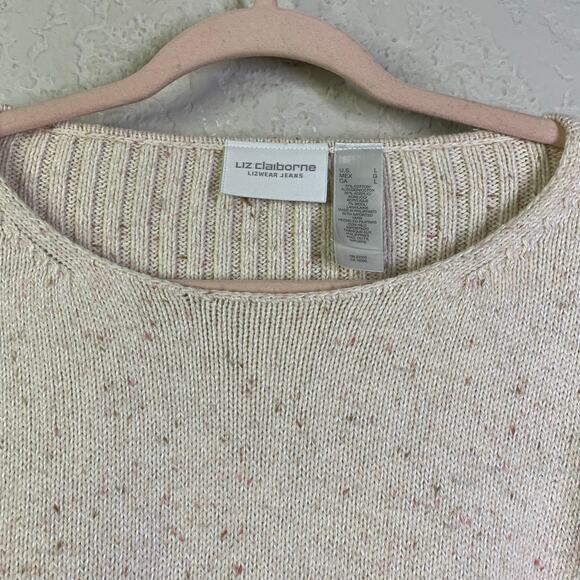 LIZ CLAIBORNE LIZWEAR JEANS Large Cream Moral Ribbed‎ Knit Crew Neck Cotton Wool - Picture 3 of 11